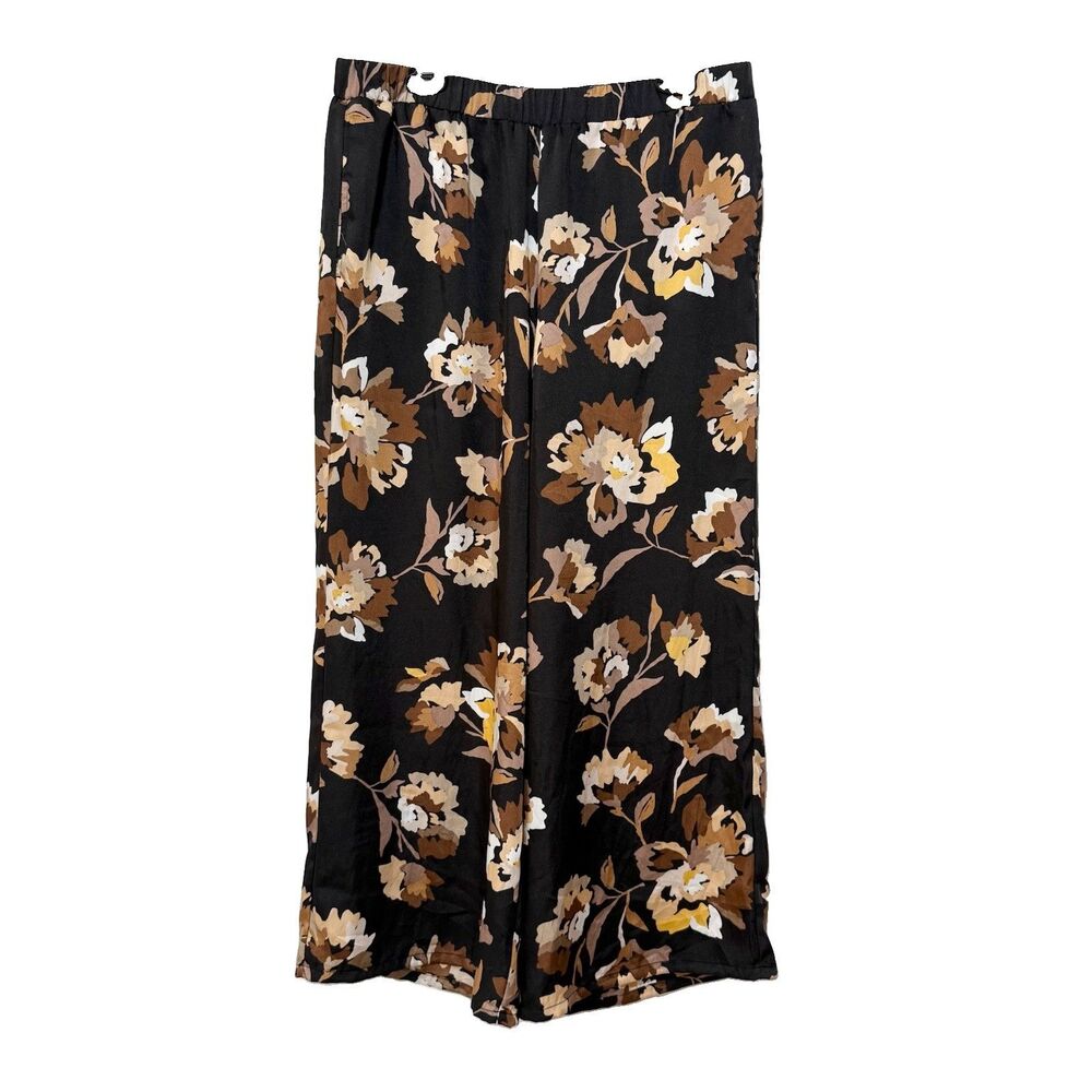 Susan Graver Womens M Petite Black Floral Wide Leg Pull On Pants Elastic Waist